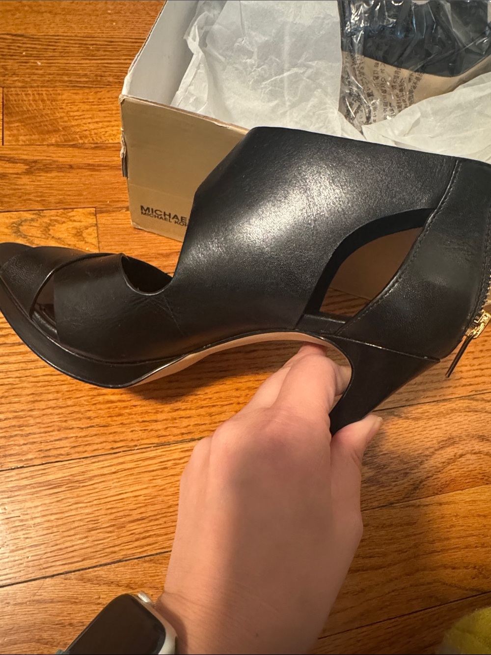 MICHAEL Michael Kors Black Strappy Wedge Sandals with Gold Buckle - Picture 6 of 6